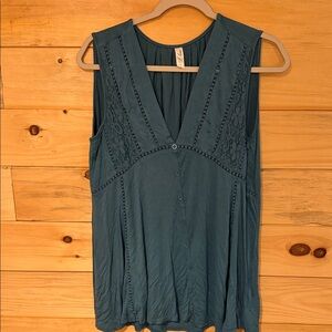 Love Teal Pleated V-Neck Tank with Lace Trim